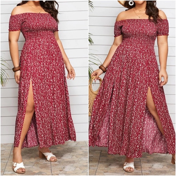 Plus Navy Blue Floral Print Off Shoulder Maxi Dress - Picture 2 of 5